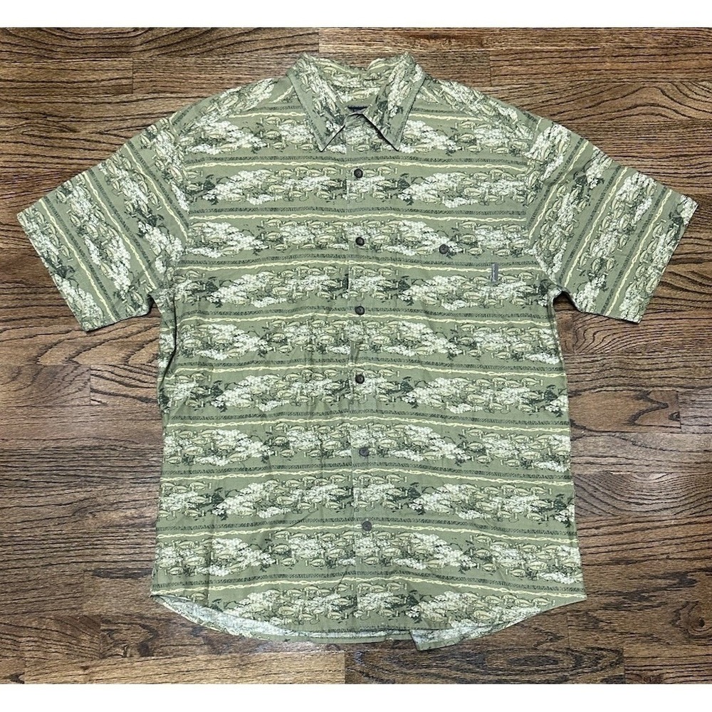 Woolrich Mens Green Short Sleeve Palm Largemouth Fish All Over Print Shirt Sz L